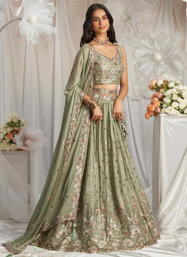 Poly Georgette Lime Green Wedding Wear Sequins Work Lehenga Choli